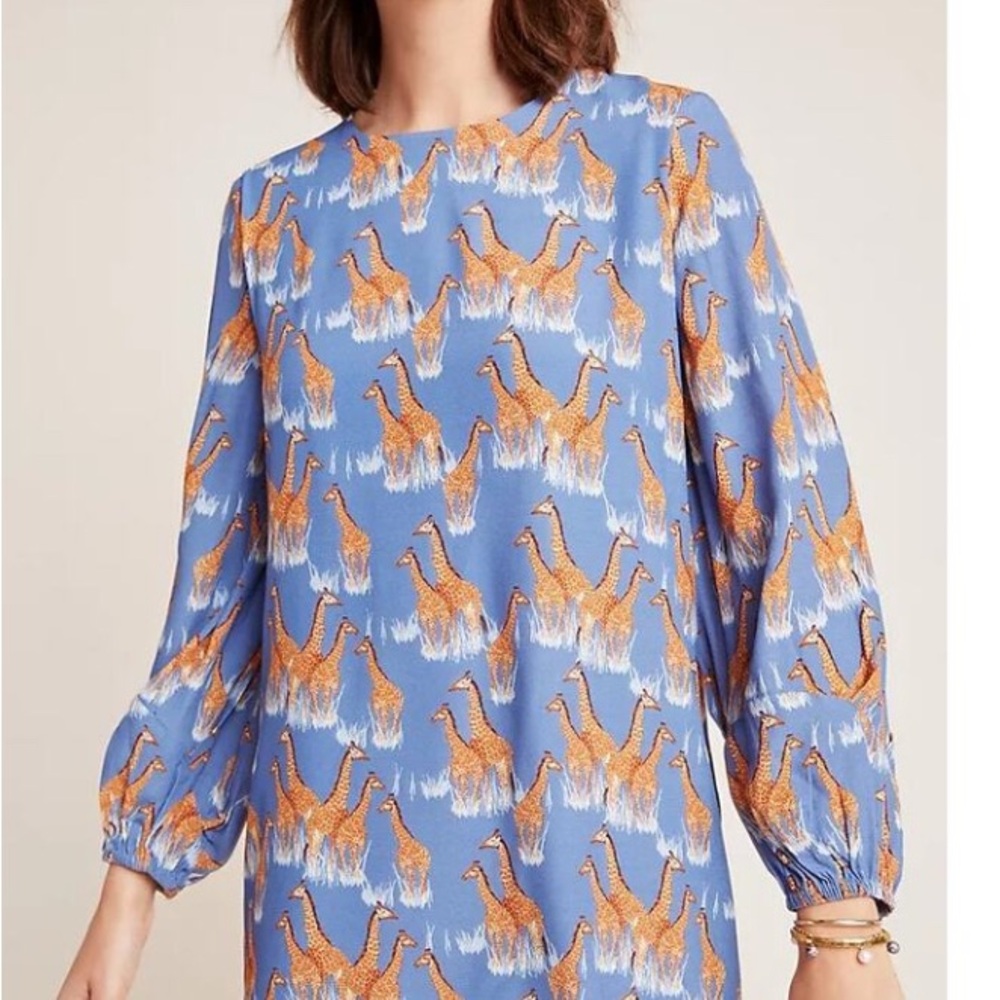 Corey Lynn Calter Blue Dress with Orange Giraffe Print